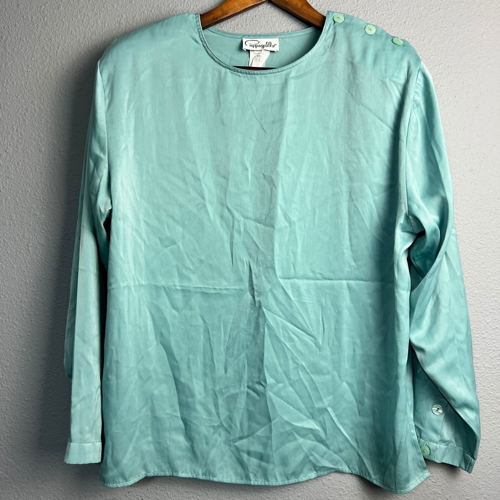 PAPPAGALLO Mint Satin Button Accent Top Long Sleeve Blouse Career Office Size 14